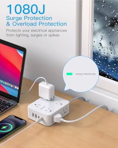 Flat Plug Extension Cord with Multiple Outlets, HANYCONY 1080J Surge Protector Power Strip with 8 AC Outlets 4 USB Ports (2 USB-C), 3-Sided Outlet Extender Ideal for Home Office Dorm Room Essentials - Image 3