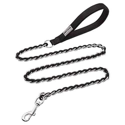 Chew Proof Metal Leash Chain for Medium Large Dogs, 4FT Strong Anti Chew, Comfortable Soft Padded Handle Black - Image 1