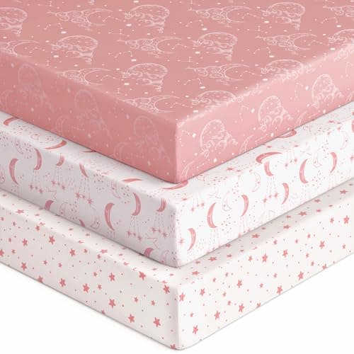 Unnivoll Baby Crib Sheets for Boys Girls, Fitted Crib Sheet Neutral 3 Pack for Standard Crib and Toddler Mattress, Breathable Soft Microfiber Baby Sheet 28x52x8in Pink White Moon - Image 1
