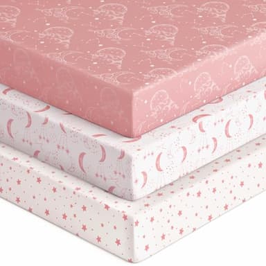 Unnivoll Baby Crib Sheets for Boys Girls, Fitted Crib Sheet Neutral 3 Pack for Standard Crib and Toddler Mattress, Breathable Soft Microfiber Baby Sheet 28x52x8in Pink White Moon - Image 1