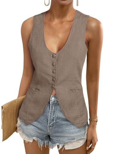 Tankaneo Womens Scoop Neck Blazer Vest Summer Linen Sleeveless Fitted Waistcoat Work Casual Cotton Suit Tops - Image 1