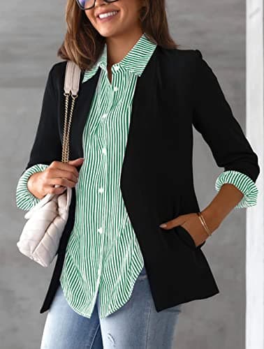 AISEW Womens Button Down Shirts Striped Classic Long Sleeve Collared Office Work Blouses Tops with Pocket (Green, 7002M) - Image 3