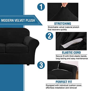 H.VERSAILTEX Modern Velvet Plush 4 Piece High Stretch Sofa Slipcover Sofa Cover Furniture Protector Form Fit Luxury Thick Velvet Sofa Cover for 3 Cushion Couch Width Up to 90 Inch (Sofa,Black) - Image 3