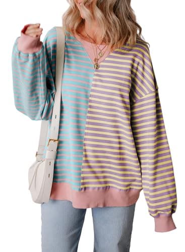 ZOOMOON Womens Oversized Striped Sweatshirt Ladies Tops Crewneck Tops Long Sleeve Shirts Loose Pullover Sweatshirts Purple X-Large - Image 1