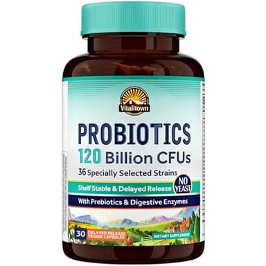 VITALITOWN Probiotics 120 Billion CFUs | 36 Strains, with Prebiotics & Digestive Enzymes for Men Women | Shelf Stable | Digestive Health & Immune Support | Vegan, Non-GMO | 30 Delayed Release Veg Caps - Image 1