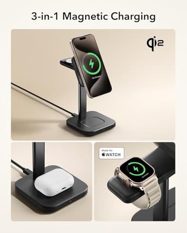 ESR Qi2 3 in 1 Wireless Charging Station, [Certified] Apple Watch Charger & 15W Qi2 MagSafe Charger Stand for iPhone, Wireless Charger for Multiple Devices iPhone 17/16/15/14/13&Watch&AirPods,Black - Image 7