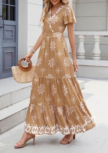 PRETTYGARDEN Womens 2025 Summer Casual V Neck Boho Maxi Dress Flowy Aline Bell Sleeve Tiered Floral Dresses with Pocket (Floral Khaki White,Medium) - Image 3