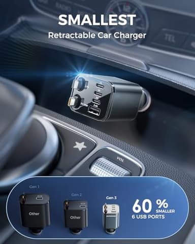 Upgraded SUPERONE Retractable Car Charger, [Ultra-Compact] 6-Port Car Charger USB C, iPhone Car Chargers Fast Charging with USB C & Apple Cable, Car Accessories Adapter for iPhone 17/16/15/14/13/12 - Image 4