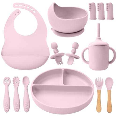 LITTLE RAWR Silicone Baby Feeding Set 14 Pcs,Baby Led Weaning Supplies, Baby Spoons Suction Bowl Divided Plate Bib Cup Finger Brush,First Stage Solid Food Eating Utensils - 6+ Months(Light Pink) - Image 1