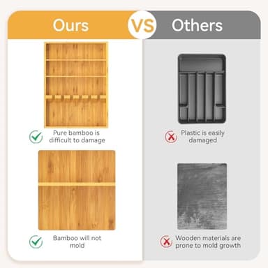 Yofidra Pure Bamboo Silverware Drawer Organizer: 16.53" Lx10 Wx1.93 H Large Silverware Utensil Tray Holder, 3-Compartment with 6 Card Slots Kitchen Flatware Organizer for Spoons Forks Knives - Image 6