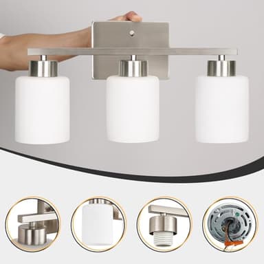 FonmYim Brushed Nickel Bathroom Light Fixtures, 3-Light Modern Vanity Light Over Mirror, Wall Sconces with Milky White Frosted Glass Shades, E26 Socket (Bulbs Not Included) - Image 7