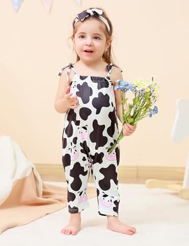 Lindanina Toddler Baby Girls Romper Cartoon Cow Sleeveless Jumpsuit Summer Cute Clothes Adjustable Tie-Up Strap 12-24 Months Infant One Piece Soft Casual Outfits with Pocket Headband Daily Wear - Image 2