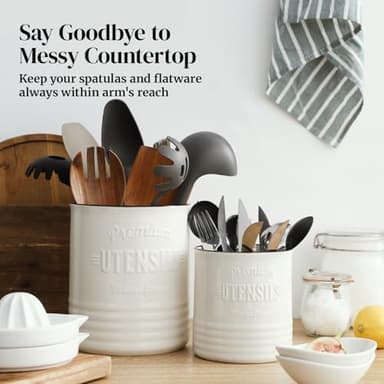 DOWAN 7.2″ Extra Large Kitchen Utensil Holder, Farmhouse Utensil Holder for Countertop, Ceramic Utensil Crock with Protection Cork Mat, Utensil Organizer for Kitchen Decor & Housewarming Gift, White - Image 5