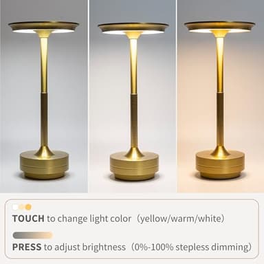 LUSHARBOR Cordless Table Lamp, 5200mAh Rechargeable Battery Operated Desk Lamp, 3-Color Stepless Dimming Touch LED Bedside Light for Restaurant Bedroom Gold-2Pack - Image 8