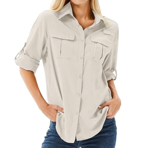 Toumett Women's UPF 50+ Long Sleeve UV Sun Protection Shirts, Fishing Hiking Travel Shirt,Breathable and Fast Dry(5071,Light Khaki,L) - Image 1