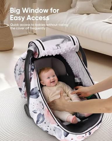 Sweetwavet Car Seat Cover Baby Girls, Infant Car Seat Canopy Outdoor, 2 Layers with Mesh and Sun Shade Window for Summer Winter, Easy Access Carseat Covers Snug Fit Baby Stroller - Pink Floral - Image 4