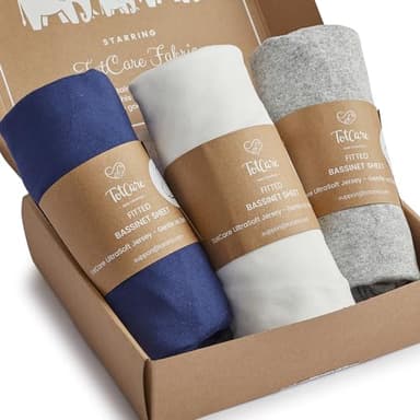 TotCare Bedside Sleeper Bassinet Sheets 35x20 for MiClassic, Milliard Bassinet and Large Bedside Sleepers - Buttery Soft, Premium Stretchy Jersey Knit Sheets - Navy + Grey + Cloud, 3 Pack - Image 1