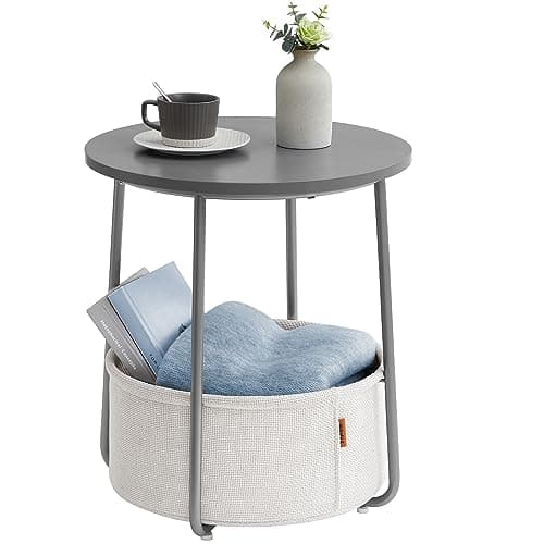 VASAGLE Small Round Side End Table, Modern Nightstand with Fabric Basket, Cement Gray and Cream White ULET223G49 - Image 1