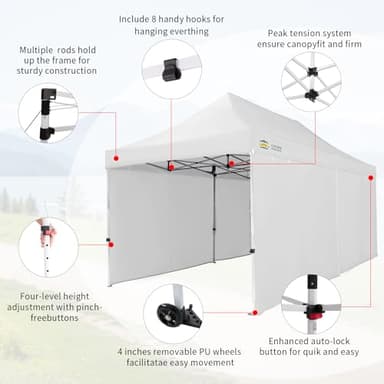 CROWN SHADES 10x20 Pop Up Canopy Tent, Thicken Frame Commercial Heavy Duty Tent, 4 Sidewalls 8 Stakes & 4 Sandbags & 4 Ropes, Outdoor Canopies for Events, Parties,White - Image 3