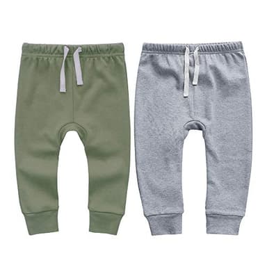 Owlivia 100% Organic Cotton Baby Boy Girl 2-Pack Wiggle Pants Jogging Pants(Dark Grey Melange & Olive Green, 3-6 Months) - Image 1