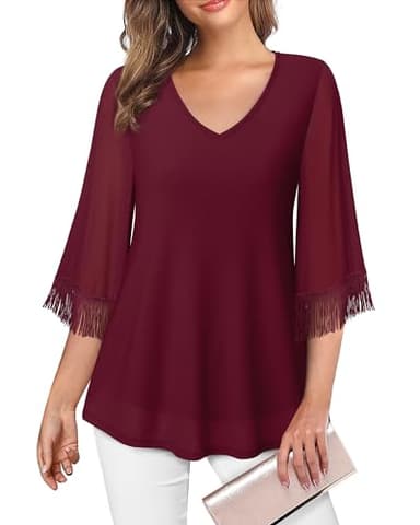 Lotusmile Dressy Tops for Women: Ladies Cocktail Tops for Women Evening Party - Elegant V Neck 3/4 Flared Sleeve Shirts - Business Casual Tops (Wine, M) - Image 2