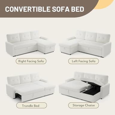 IULULU Sleeper Sofa, L Shaped Boucle Sectional Couch with Pullout Bed, Reversible Storage Chaise, 2 in 1 Pull Out Couches for Living Room, Apartment, Off White - Image 4