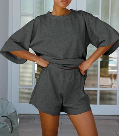 Tankaneo Womens Pajama Sets 3/4 Sleeve Oversized Tops and Elastic Waist Shorts Lounge Sets Loungewear Dark Grey - Image 3