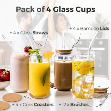 Scoozee Iced Coffee Cups [4 Pcs-18Oz] Beer Glasses with Bamboo Lids & Glass Straws, & Straws, Coffee Tumbler, Housewarming Gifts, New Home - Image 3