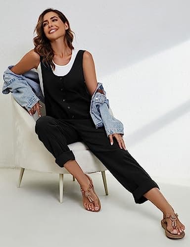 Yeokou Womens Overalls Linen Cotton Jumpsuits Loose Casual Jumpers with Pockets(Black-M) - Image 7