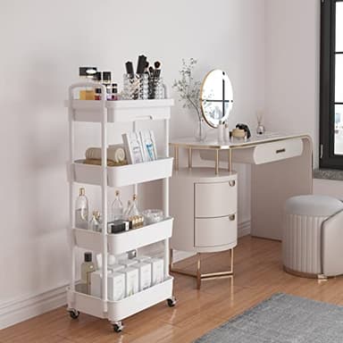 Calmootey 4-Tier Rolling Utility Cart with Drawer,Multifunctional Storage Organizer with Plastic Shelf & Metal Wheel,Storage Cart for Kitchen,Bathroom,Living Room,Office,White - Image 2
