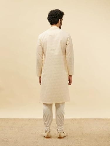 Manyavar Men Blended Cotton Checks Kurta Pyjama Set S Cream - Image 2