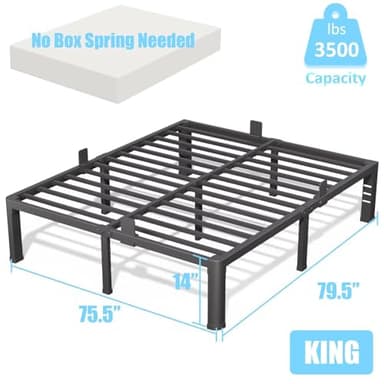 FUIOBYVV 14 Inch King Bed Frame with Rounded Corner and Headboard Hole Mattress Retainers 3500 LBS Metal Heavy Duty Steel Slats Support No Box Spring Needed Platform Noise Free Easy Assembly - Image 3