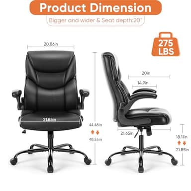 Sweetcrispy Ergonomic Computer Gaming Office Chair, Heavy Duty Task Desk Swivel Rolling Chairs with Wheels, Flip-up Arms, Adjustable Height, PU Leather, Black - Image 3