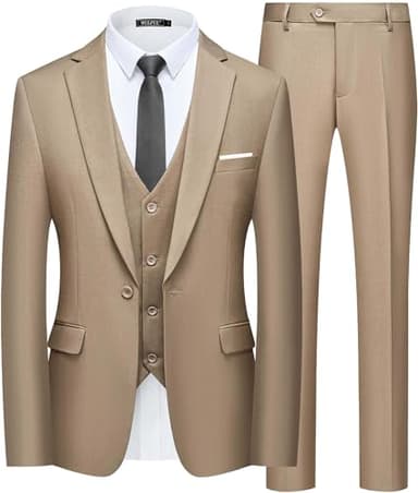 WULFUL Men’s Slim Fit Suit One Button 3-Piece Blazer Dress Business Wedding Party Jacket Vest & Pant Light Brown - Image 1