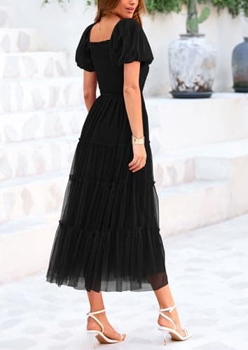 PRETTYGARDEN Women's Smocked Midi Tulle Dress 2025 Summer Puffy Short Sleeve Square Neck Ruffle Wedding Guest Party Dresses (Black,Medium) - Image 7