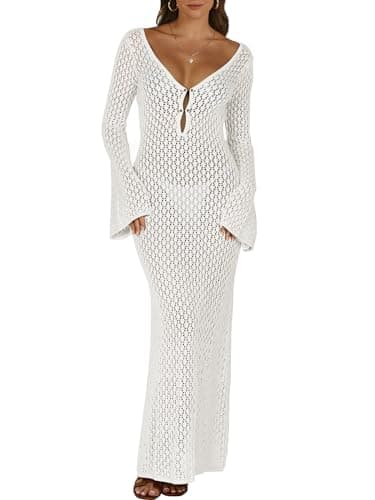 ANRABESS Women Swimsuit Swim Crochet Cover Up Knit Bathing Suit Swimwear 2025 Summer Bodycon Beach Dress Vacation Clothes White Small - Image 1