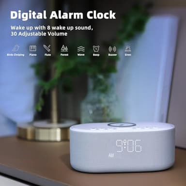 Sound Machine Alarm Clock Wireless Charger: Bluetooth 10W Stereo Sound Speaker Bedroom - White Noise Machine for Sleeping with 21 Soothing Sounds - Image 8