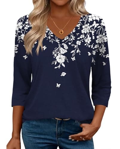 Zeagoo Womens Blouses Dressy Casual 3/4 Length Sleeve Ladies Tops Boho Floral Tshirts Soft Blouses for Women Plus Size L - Image 1