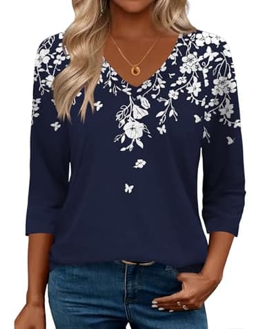 Zeagoo Womens Blouses Dressy Casual 3/4 Length Sleeve Ladies Tops Boho Floral Tshirts Soft Blouses for Women Plus Size L - Image 1