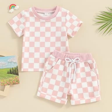 FOCUSNORM Toddler Baby Girl Outfit Newborn Girl Summer Clothes Short Sleeve T Shirt Checkerboard Top Set Elastic Waist Shorts (Checkerboard Pink, 18-24 Months) - Image 4