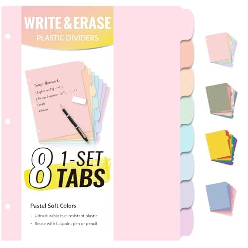Sooez 8 Tabs Long-Lasting Plastic Write & Erase Large Tabs Dividers for 3 Ring Binder, Aesthetic Cute Pastels Binder Dividers for Student, Teacher, Office, Home Organizers, 1 Set, Pastels Color - Image 1