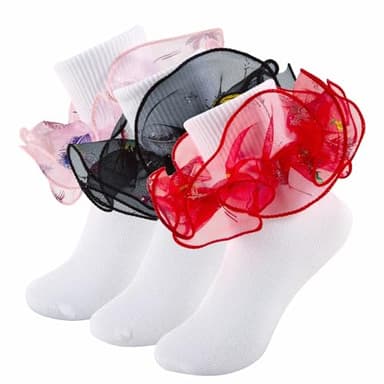 MKYSZLT Girls Ruffle Socks Toddler Double Lace Sock Turn Cuff Frilly Dress Socks Pageant with Ruffles Little Baby Girl Kids (US, Age, 6 Years, 8 Years, Feather ruffles - 3 pairs) - Image 1