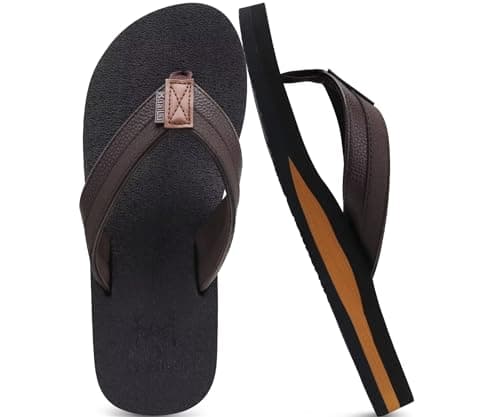 KuaiLu Men's Leather Flip Flops Arch Support Summer Beach Pool Water Thong Sandals Waterproof Rubber Walking Shoes Slip on Orthotic Casual Sport Cushioned Wide Slides Shower Slippers Brown Size 12 - Image 1