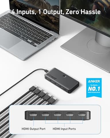 Anker HDMI Switch, 4K@60Hz HDMI Switcher, 4 in 1 Out with Smooth Finish, Supports HDR, 3D, Dolby, DTS, Compatible with Laptops, PC, Xbox, Projector (Charger and Remote Control Batteries Not Included) - Image 2