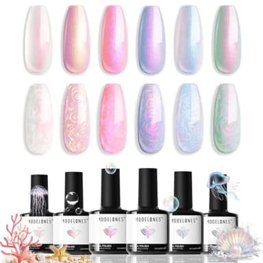 modelones Pearl Gel Nail Polish Set, 6 Colors Aurora Iridescent Shimmer White Pink Purple Mermaid Nail Drawing Glitter Gel Polish Soak Off Led Swirl Shell Thread Effect with Dotting Pen DIY Mani Gift - Image 1