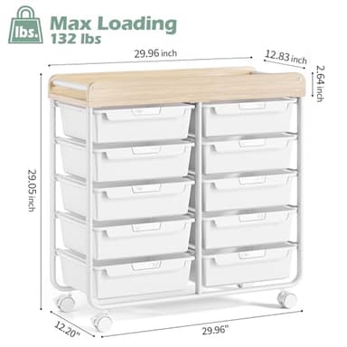 Rolling Storage Cart with 10 Large Drawers, Utility Cart with Wooden TableTop for Craft Organizers, Art Supply Storage, Home Office Organization, Cart with Wheels for Classroom, School, White - Image 3