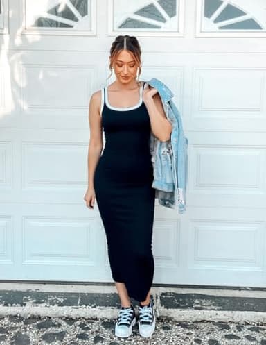 ZESICA Women's 2025 Summer Bodycon Midi Dress Casual Sleeveless Square Neck Side Slit Knit Vacation Long Dresses,Black,Small - Image 5