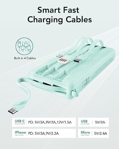 VRURC Portable Charger 20000mAh, Built-in Cables Fast Charging Power Bank, PD QC 3.0 Travel Essentials Battery Pack, 4 Output & 2 Input Phone Charger for iPhone16 15 14 13 X, Samsung, Android-Green - Image 3