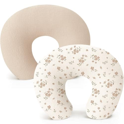 Konssy 2-Pack Muslin Nursing Pillow Covers, Soft & Adorable Nursing Covers for Breastfeeding Pillows, Slipcovers for Newborn Boys & Girls(Cream, Blossom) - Image 1