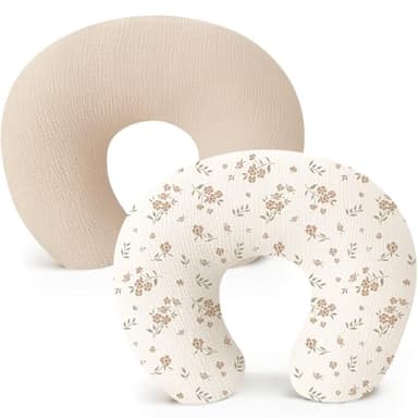 Konssy 2-Pack Muslin Nursing Pillow Covers, Soft & Adorable Nursing Covers for Breastfeeding Pillows, Slipcovers for Newborn Boys & Girls(Cream, Blossom) - Image 1
